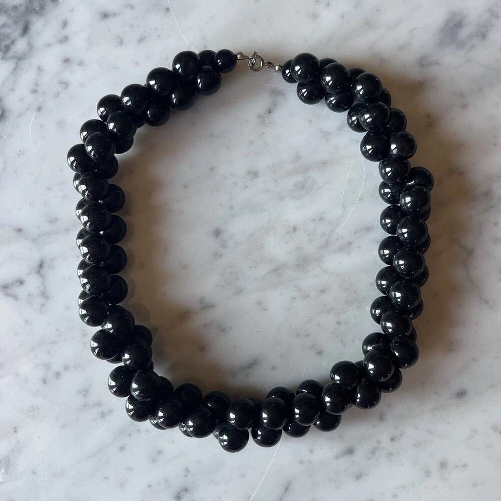 Vintage Black Beaded Necklace Spring Ring Closure Round